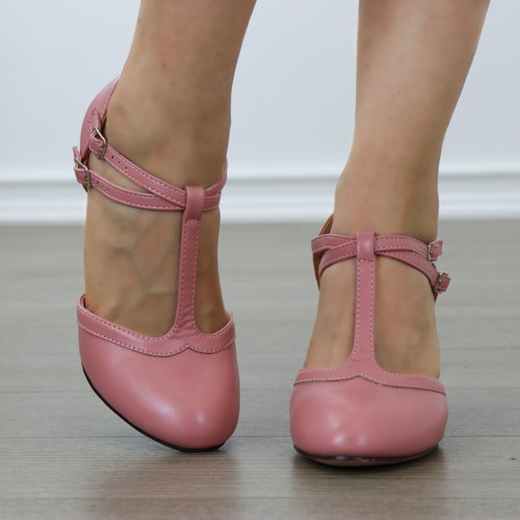 Dusty Rose Pink Double Buckle T-Strap Retro Pump - Picture 5 of 7